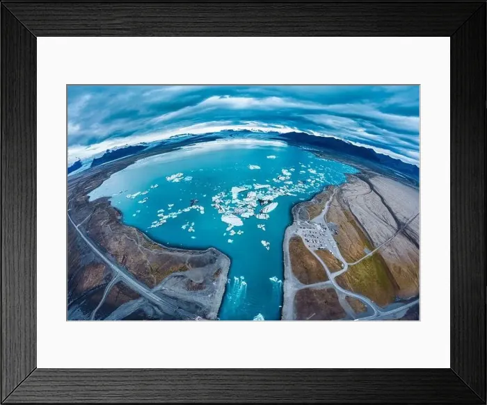 Framed Print : Panorama aerial view of Jokulsarlon glacier lagoon with iceberg floating on gloomy day in Vatnajokull national park