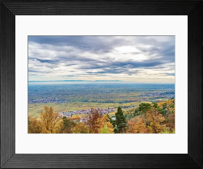 Framed Print : A city can be seen in the distance under a cloudy sky from a hill covered with trees in the foreground Framed Print : A city can be seen in the distance under a cloudy sky from a hill covered with trees in the foreground