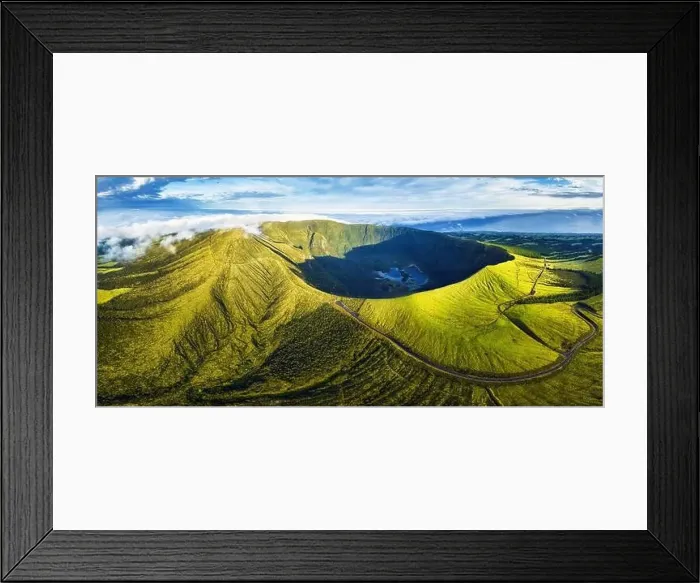 Framed Print : Panorama of drone green sunrise landscape of volcano Gordo caldera in Faial island - Azores, Portugal Framed Print : Panorama of drone green sunrise landscape of volcano Gordo caldera in Faial island - Azores, Portugal