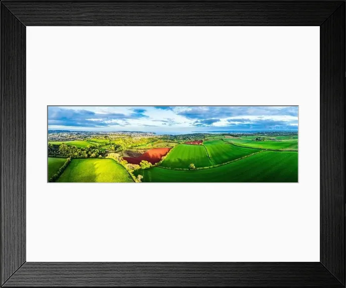 Framed Print : Panorama of Fields and Farms over Torquay from a drone, , Devon, England, Europe Framed Print : Panorama of Fields and Farms over Torquay from a drone, , Devon, England, Europe