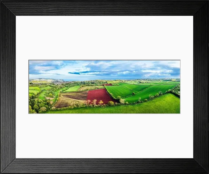 Framed Print : Panorama of Fields and Farms over Torquay from a drone, , Devon, England, Europe Framed Print : Panorama of Fields and Farms over Torquay from a drone, , Devon, England, Europe