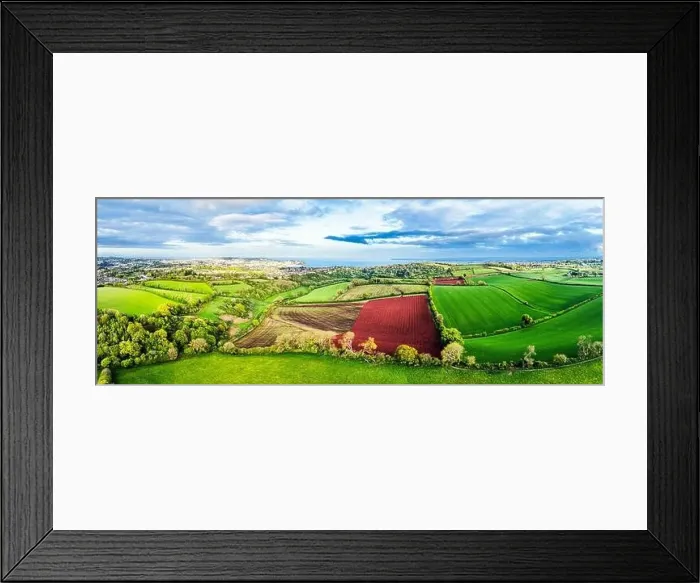 Framed Print : Panorama of Fields and Farms over Torquay from a drone, , Devon, England, Europe Framed Print : Panorama of Fields and Farms over Torquay from a drone, , Devon, England, Europe