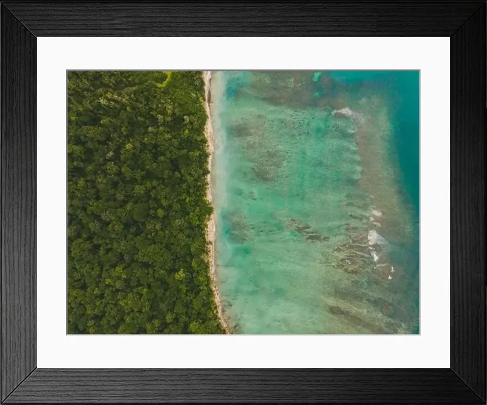 Framed Print : An aerial shot captures the vibrant juxtaposition of dense tropical forest against the clear turquoise waters of Costa Framed Print : An aerial shot captures the vibrant juxtaposition of dense tropical forest against the clear turquoise waters of Costa