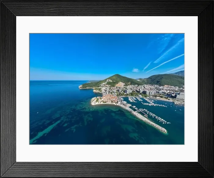 Framed Print : Aerial view of the old town in Budva in a beautiful summer day, Montenegro Framed Print : Aerial view of the old town in Budva in a beautiful summer day, Montenegro