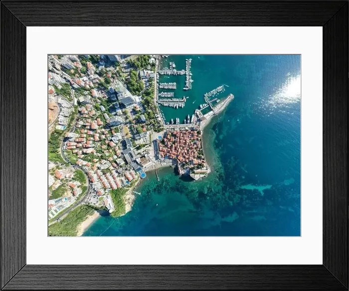 Framed Print : Aerial view of the old town in Budva in a beautiful summer day, Montenegro Framed Print : Aerial view of the old town in Budva in a beautiful summer day, Montenegro