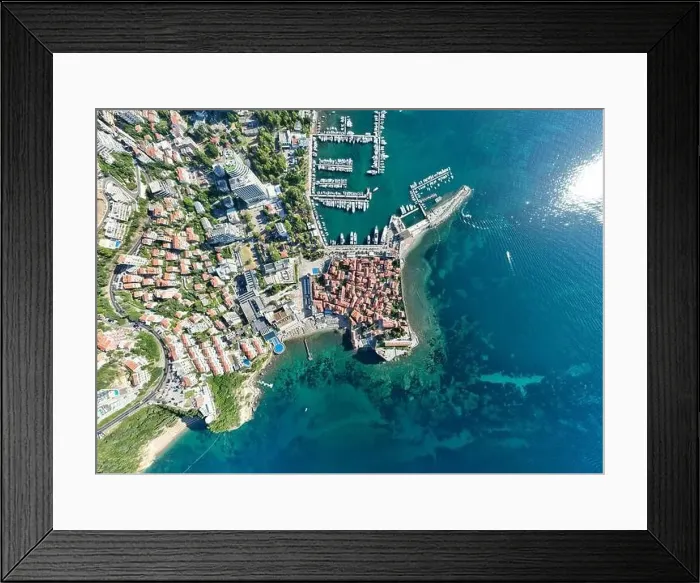 Framed Print : Aerial view of the old town in Budva in a beautiful summer day, Montenegro Framed Print : Aerial view of the old town in Budva in a beautiful summer day, Montenegro