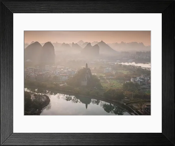 Framed Print : Drone Sunset View of Guilin, Li River and Karst mountains, Guilin city, Guangxi, province, China