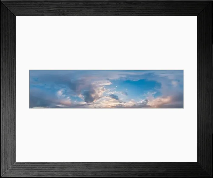 Framed Print : Sunset sky panorama with bright glowing pink Cumulus clouds Framed Print : Sunset sky panorama with bright glowing pink Cumulus clouds