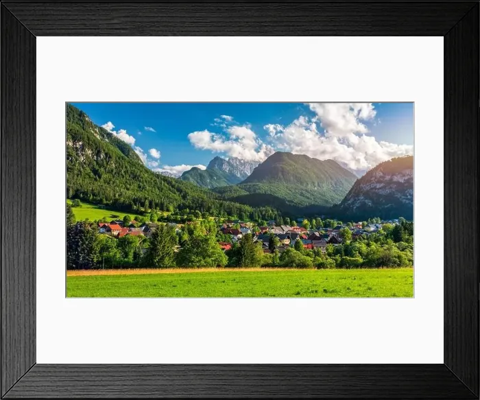 Framed Print : Kranjska Gora town in Slovenia at summer with beautiful nature and mountains in the background
