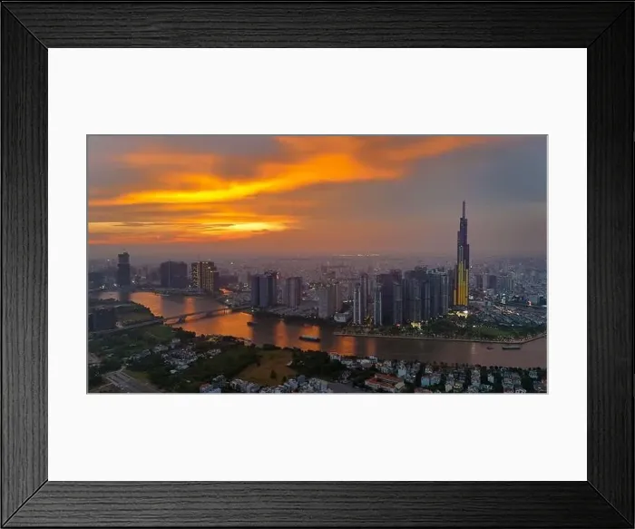 Framed Print : Ho Chi Minh city, Viet Nam, Aerial view of Asia city at sunset by drone with Landmark 81 skycraper modern building Framed Print : Ho Chi Minh city, Viet Nam, Aerial view of Asia city at sunset by drone with Landmark 81 skycraper modern building