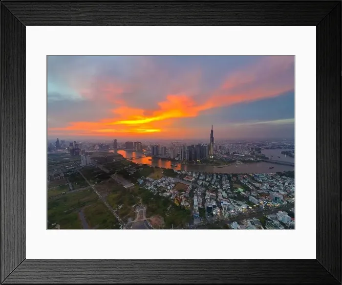 Framed Print : Ho Chi Minh city, Viet Nam, Aerial view of Asia city at sunset by drone with Landmark 81 skycraper modern building Framed Print : Ho Chi Minh city, Viet Nam, Aerial view of Asia city at sunset by drone with Landmark 81 skycraper modern building