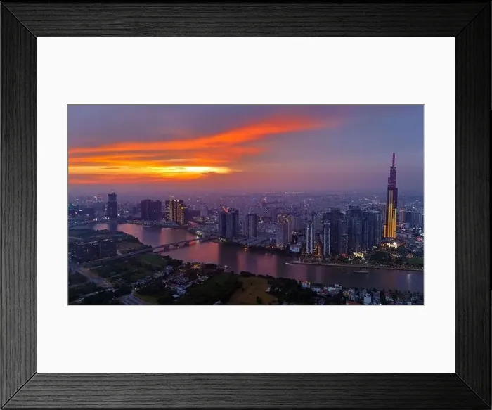 Framed Print : Ho Chi Minh city, Viet Nam, Aerial view of Asia city at sunset by drone with Landmark 81 skycraper modern building Framed Print : Ho Chi Minh city, Viet Nam, Aerial view of Asia city at sunset by drone with Landmark 81 skycraper modern building