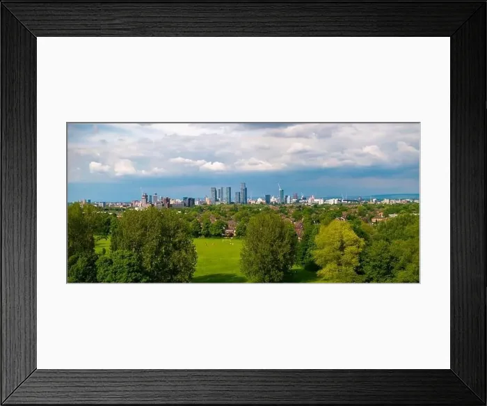 Framed Print : Ultra wide panoramic image of Manchester Cityscape taken from Longford Park in Trafford Framed Print : Ultra wide panoramic image of Manchester Cityscape taken from Longford Park in Trafford