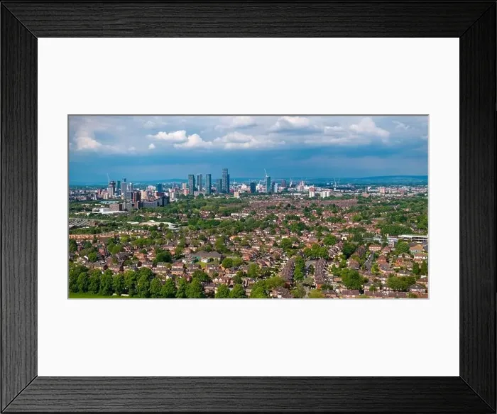 Framed Print : Ultra wide panoramic image of Manchester Cityscape taken from Longford Park in Trafford Framed Print : Ultra wide panoramic image of Manchester Cityscape taken from Longford Park in Trafford