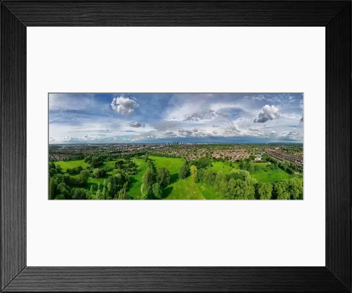Framed Print : Ultra wide panoramic image of Manchester Cityscape taken from Longford Park in Trafford Framed Print : Ultra wide panoramic image of Manchester Cityscape taken from Longford Park in Trafford