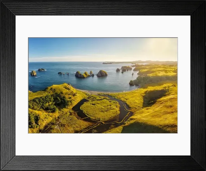 Framed Print : Aerial view of an unnamed bay on the island of Shikotan, Kuril Islands. Aerial view. Sunrise Framed Print : Aerial view of an unnamed bay on the island of Shikotan, Kuril Islands. Aerial view. Sunrise