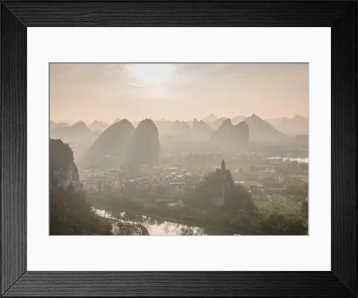 Framed Print : Drone Sunset View of Guilin, Li River and Karst mountains, Guilin city, Guangxi, province, China Framed Print : Drone Sunset View of Guilin, Li River and Karst mountains, Guilin city, Guangxi, province, China