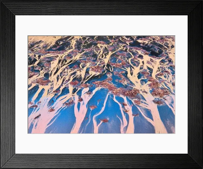 Framed Print : Aerial abstraction captures the intricate patterns of dry mud with vivid contrasts in shapes and hues Framed Print : Aerial abstraction captures the intricate patterns of dry mud with vivid contrasts in shapes and hues