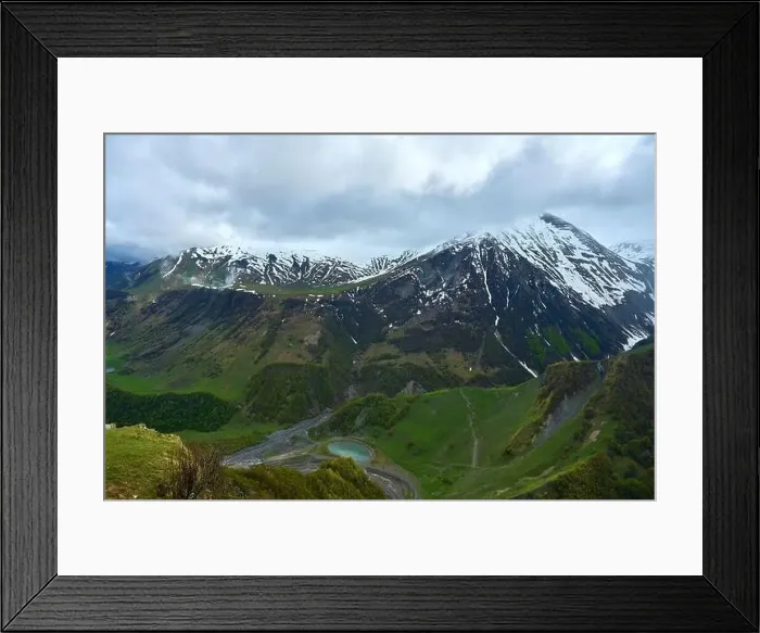Framed Print : View of a mountain gorge with a lake Framed Print : View of a mountain gorge with a lake