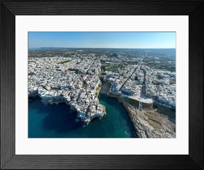 Framed Print : Polignano a Mare drone shot. Aerial view shot of Cala Paura in Puglia, Polignano. Most famous beach in South Italy Framed Print : Polignano a Mare drone shot. Aerial view shot of Cala Paura in Puglia, Polignano. Most famous beach in South Italy