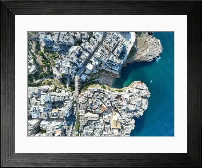 Framed Print : Polignano a Mare drone shot. Aerial view shot of Cala Paura in Puglia, Polignano. Most famous beach in South Italy Framed Print : Polignano a Mare drone shot. Aerial view shot of Cala Paura in Puglia, Polignano. Most famous beach in South Italy