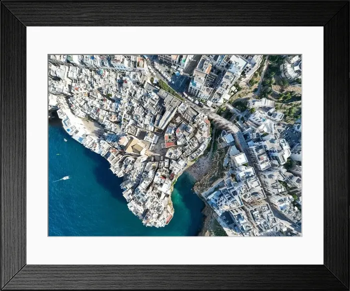 Framed Print : Polignano a Mare drone shot. Aerial view shot of Cala Paura in Puglia, Polignano. Most famous beach in South Italy Framed Print : Polignano a Mare drone shot. Aerial view shot of Cala Paura in Puglia, Polignano. Most famous beach in South Italy