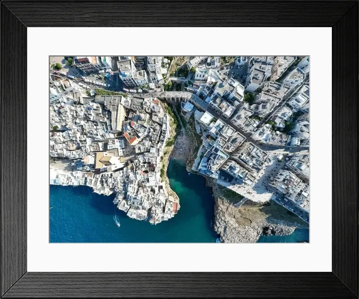 Framed Print : Polignano a Mare drone shot. Aerial view shot of Cala Paura in Puglia, Polignano. Most famous beach in South Italy Framed Print : Polignano a Mare drone shot. Aerial view shot of Cala Paura in Puglia, Polignano. Most famous beach in South Italy