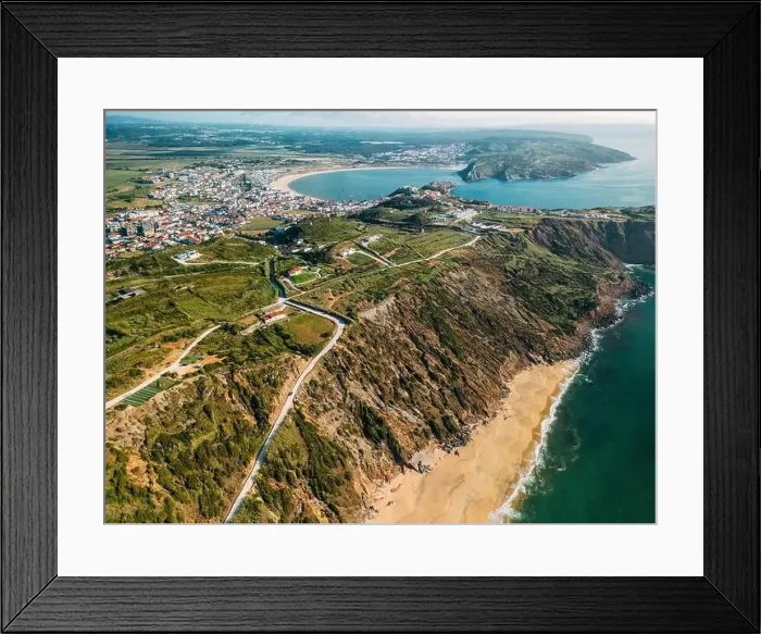Framed Print : Aerial drone view of Praia da Gralha looking towards Sao Martinho do Porto, Portugal Framed Print : Aerial drone view of Praia da Gralha looking towards Sao Martinho do Porto, Portugal
