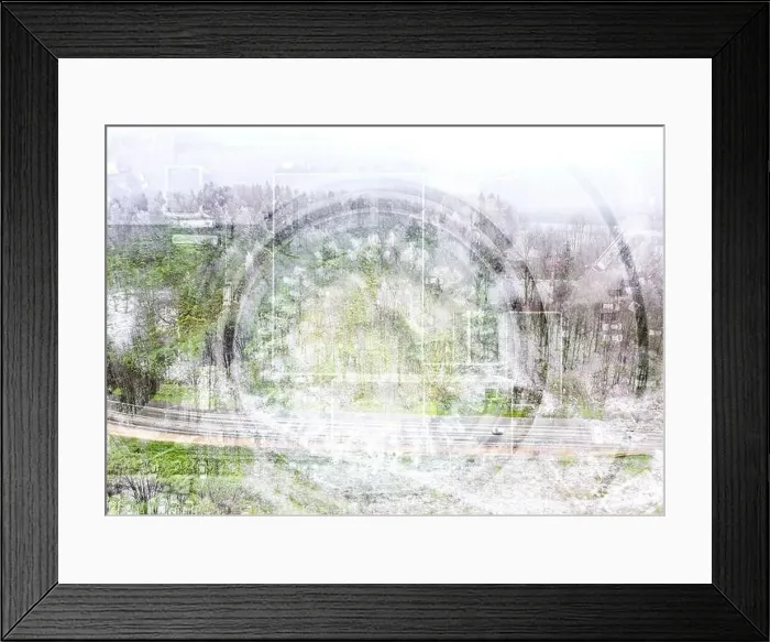 Framed Print : multi exposed image. rural landscape with forest road and urban scene with parked cars. aerial view Framed Print : multi exposed image. rural landscape with forest road and urban scene with parked cars. aerial view