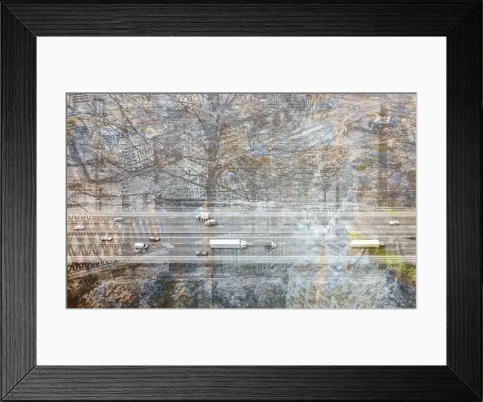 Framed Print : countryside landscape and urban residential area with car traffic on road. multi exposure. aerial view Framed Print : countryside landscape and urban residential area with car traffic on road. multi exposure. aerial view
