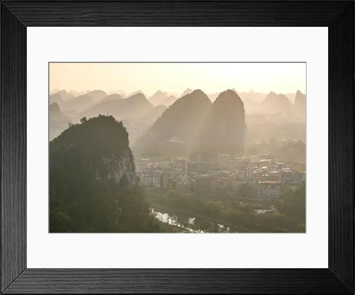 Framed Print : Drone Sunset View of Guilin, Li River and Karst mountains, Guilin city, Guangxi, province, China