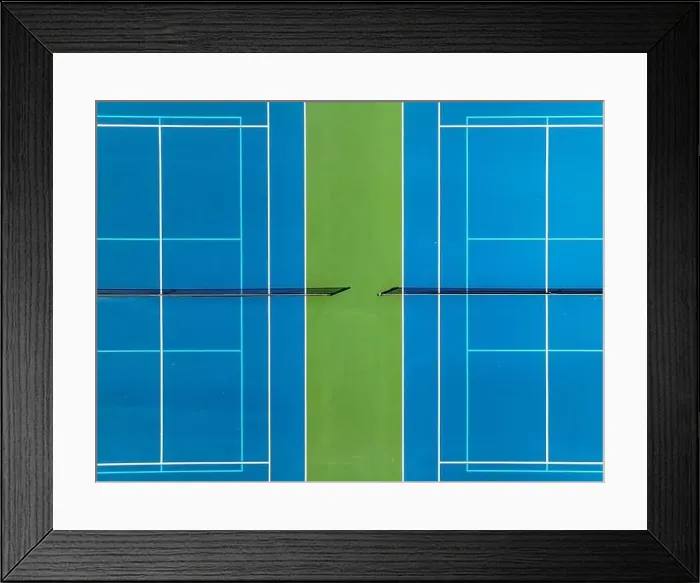 Framed Print : Aerial, drone, photo of new outdoor blue tennis court with white lines combined with light blue pickleball lines Framed Print : Aerial, drone, photo of new outdoor blue tennis court with white lines combined with light blue pickleball lines