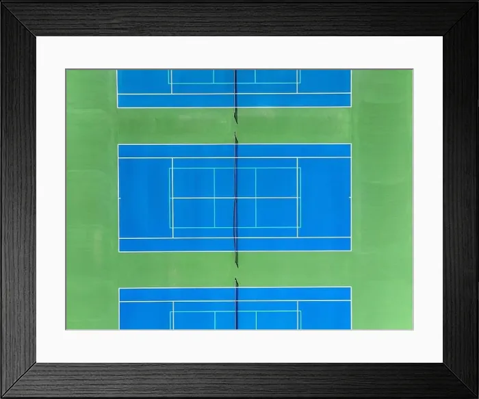 Framed Print : Aerial, drone, photo of new outdoor blue tennis court with white lines combined with light blue pickleball lines Framed Print : Aerial, drone, photo of new outdoor blue tennis court with white lines combined with light blue pickleball lines