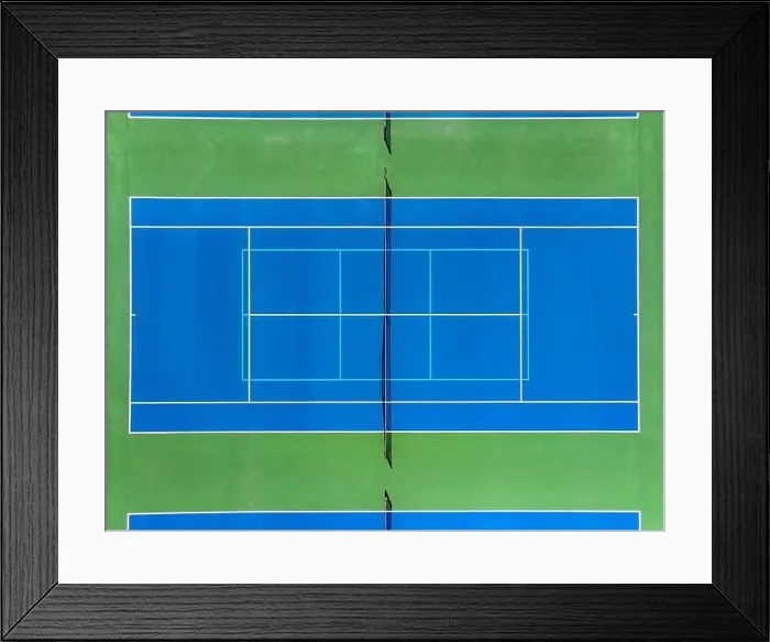 Framed Print : Aerial, drone, photo of new outdoor blue tennis court with white lines combined with light blue pickleball lines Framed Print : Aerial, drone, photo of new outdoor blue tennis court with white lines combined with light blue pickleball lines