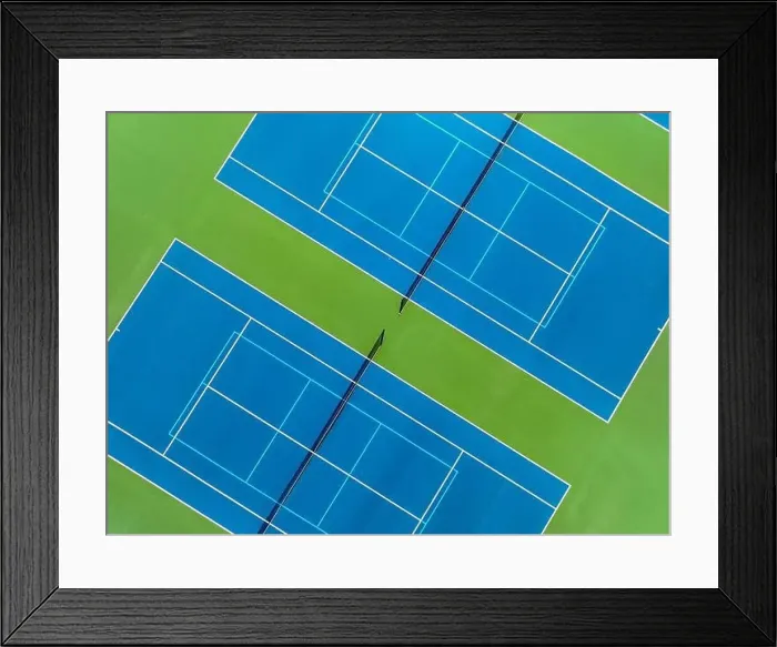 Framed Print : Aerial, drone, photo of new outdoor blue tennis court with white lines combined with light blue pickleball lines Framed Print : Aerial, drone, photo of new outdoor blue tennis court with white lines combined with light blue pickleball lines