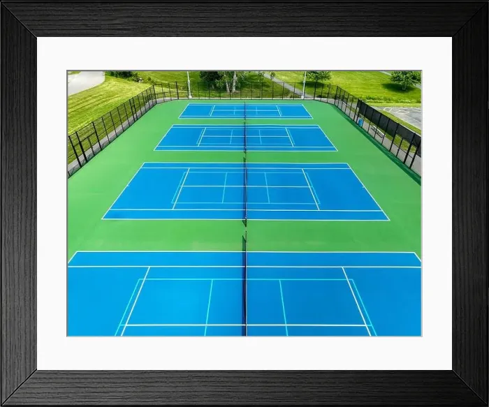 Framed Print : Aerial, drone, photo of new outdoor blue tennis court with white lines combined with light blue pickleball lines Framed Print : Aerial, drone, photo of new outdoor blue tennis court with white lines combined with light blue pickleball lines