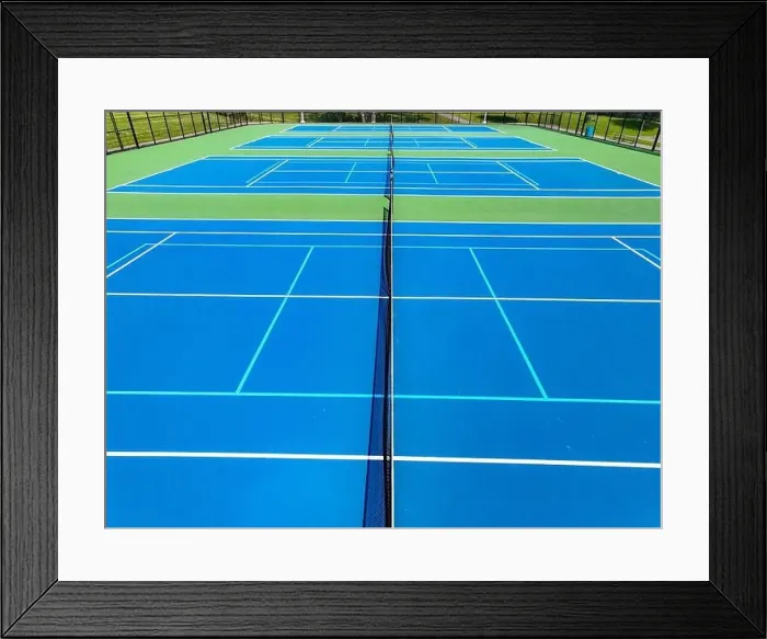 Framed Print : Aerial, drone, photo of new outdoor blue tennis court with white lines combined with light blue pickleball lines Framed Print : Aerial, drone, photo of new outdoor blue tennis court with white lines combined with light blue pickleball lines