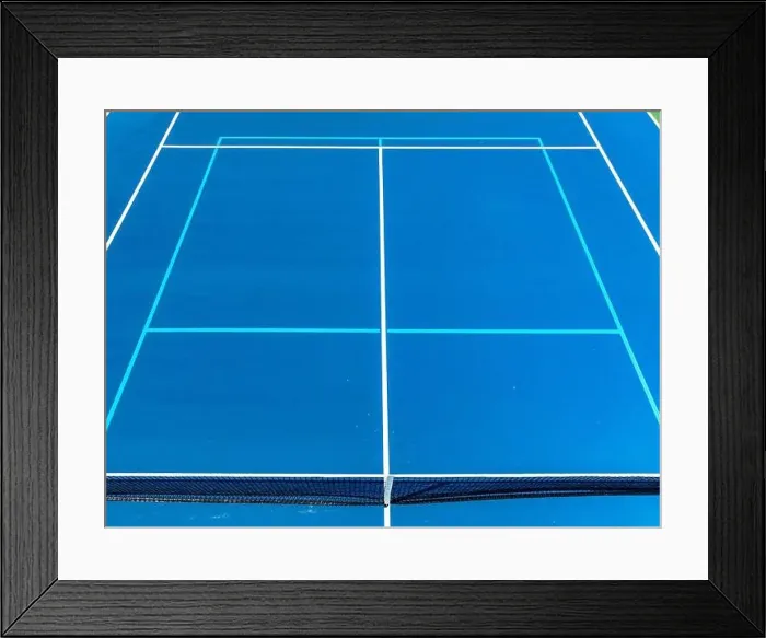 Framed Print : Aerial, drone, photo of new outdoor blue tennis court with white lines combined with light blue pickleball lines Framed Print : Aerial, drone, photo of new outdoor blue tennis court with white lines combined with light blue pickleball lines
