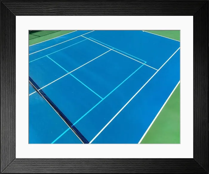 Framed Print : Aerial, drone, photo of new outdoor blue tennis court with white lines combined with light blue pickleball lines Framed Print : Aerial, drone, photo of new outdoor blue tennis court with white lines combined with light blue pickleball lines