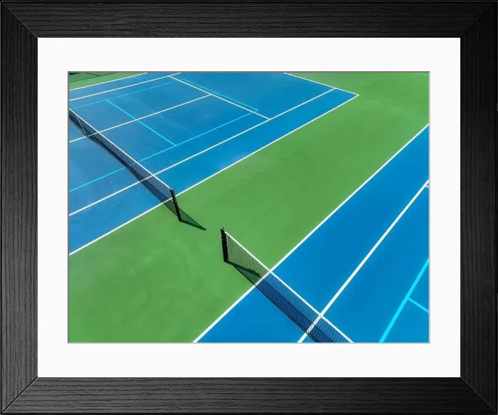 Framed Print : Aerial, drone, photo of new outdoor blue tennis court with white lines combined with light blue pickleball lines Framed Print : Aerial, drone, photo of new outdoor blue tennis court with white lines combined with light blue pickleball lines