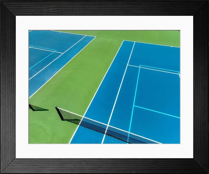 Framed Print : Aerial, drone, photo of new outdoor blue tennis court with white lines combined with light blue pickleball lines Framed Print : Aerial, drone, photo of new outdoor blue tennis court with white lines combined with light blue pickleball lines