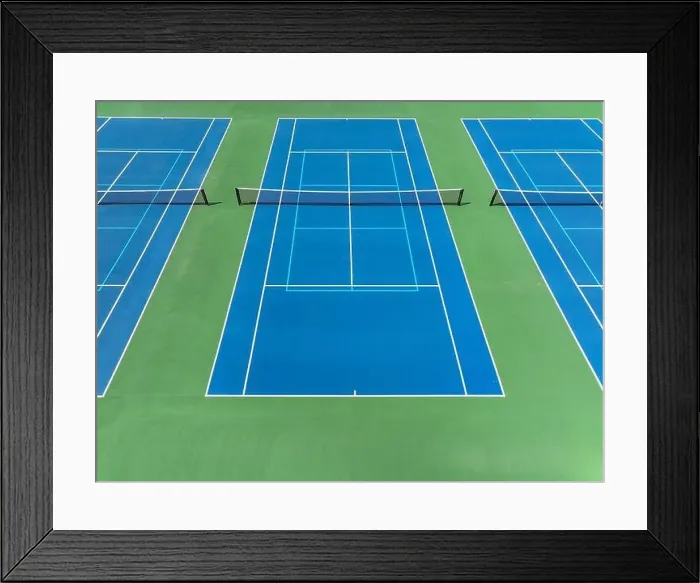 Framed Print : Aerial, drone, photo of new outdoor blue tennis court with white lines combined with light blue pickleball lines Framed Print : Aerial, drone, photo of new outdoor blue tennis court with white lines combined with light blue pickleball lines