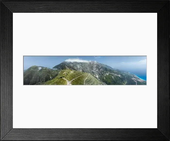 Framed Print : Panorama of Mountains over Llogara Pass from a drone, Panorama Llogara, Ceraunian Mountains, Albania Framed Print : Panorama of Mountains over Llogara Pass from a drone, Panorama Llogara, Ceraunian Mountains, Albania