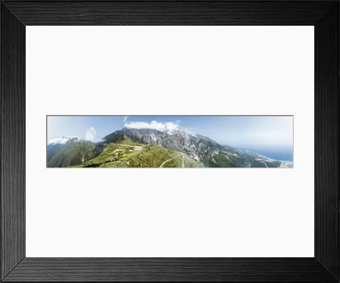 Framed Print : Panorama of Mountains over Llogara Pass from a drone, Panorama Llogara, Ceraunian Mountains, Albania Framed Print : Panorama of Mountains over Llogara Pass from a drone, Panorama Llogara, Ceraunian Mountains, Albania
