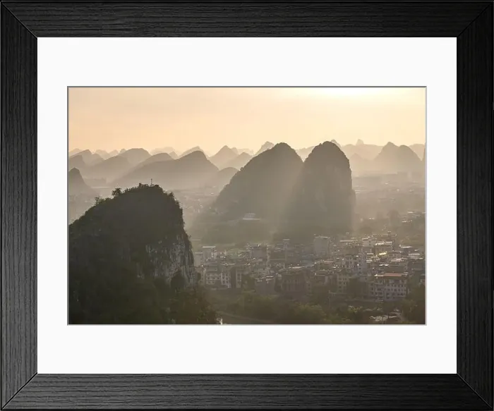 Framed Print : Drone Sunset View of Guilin, Li River and Karst mountains, Guilin city, Guangxi, province, China Framed Print : Drone Sunset View of Guilin, Li River and Karst mountains, Guilin city, Guangxi, province, China