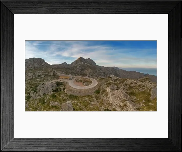 Framed Print : Panorama aerial view of the Nus de Sa Corbata hairpin turn in the Serra Tramuntana of Mallorca near Coll de Reis Framed Print : Panorama aerial view of the Nus de Sa Corbata hairpin turn in the Serra Tramuntana of Mallorca near Coll de Reis