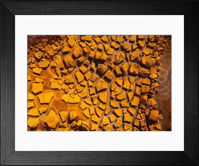 Framed Print : Overhead view of cracked yellow earth, highlighting natural textures at the historic Riotinto mine in Huelva Framed Print : Overhead view of cracked yellow earth, highlighting natural textures at the historic Riotinto mine in Huelva