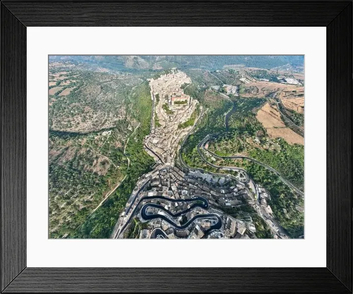 Framed Print : Aerial view of the old town of Ragusa Ibla and a winding road Framed Print : Aerial view of the old town of Ragusa Ibla and a winding road