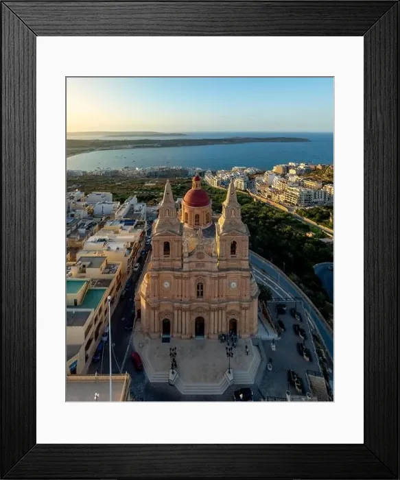 Framed Print : Aerial view of famous old Mellieha Parish Church or Birth of Our Lady. Malta country Framed Print : Aerial view of famous old Mellieha Parish Church or Birth of Our Lady. Malta country