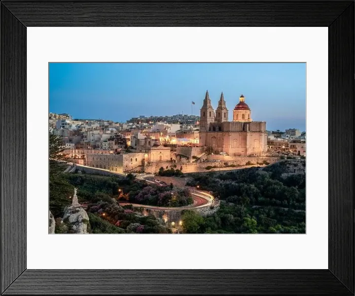 Framed Print : Aerial view of famous old Mellieha Parish Church or Birth of Our Lady. Malta country Framed Print : Aerial view of famous old Mellieha Parish Church or Birth of Our Lady. Malta country